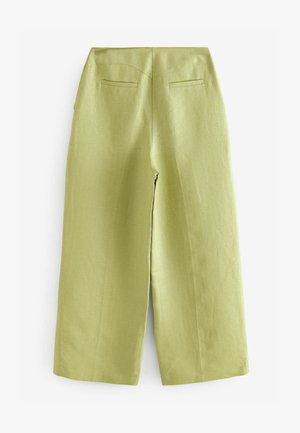 Linen wide-leg trousers in light green, featuring a high waist, two back pockets, and a smooth texture with subtle sheen.