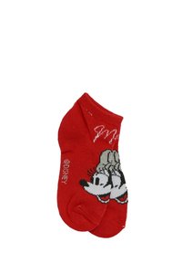 Calze rosse in cotone misto con design di personaggi dei cartoni animati. Lunghezza alla caviglia con una superficie liscia e stampe grafiche in scala di grigi.
