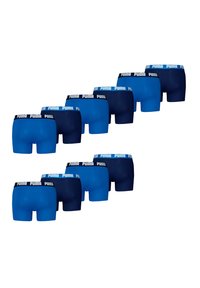 PUMA Herren-Boxershorts in verschiedenen Blautönen mit schwarzem Elastikbund und weißem Logo, sechs Stück in einer Reihe angeordnet.