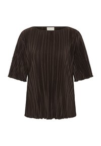 Blouse noire manches courtes avec plis verticaux, encolure ronde et manches et bas légèrement évasés, présentée sur fond blanc.