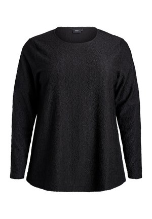 Haut noir à manches longues avec un motif floral texturé, col rond et coupe décontractée, finition en tissu lisse.