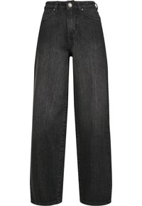 Jeans en denim noir à jambes larges avec taille haute, présentant une fermeture à bouton et un design classique à 5 poches. Texture lisse avec un léger délavage.