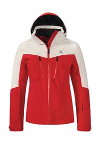 Red and white waterproof jacket with a zip front, adjustable hood, and two zippered chest pockets. Features a sleek, modern design.