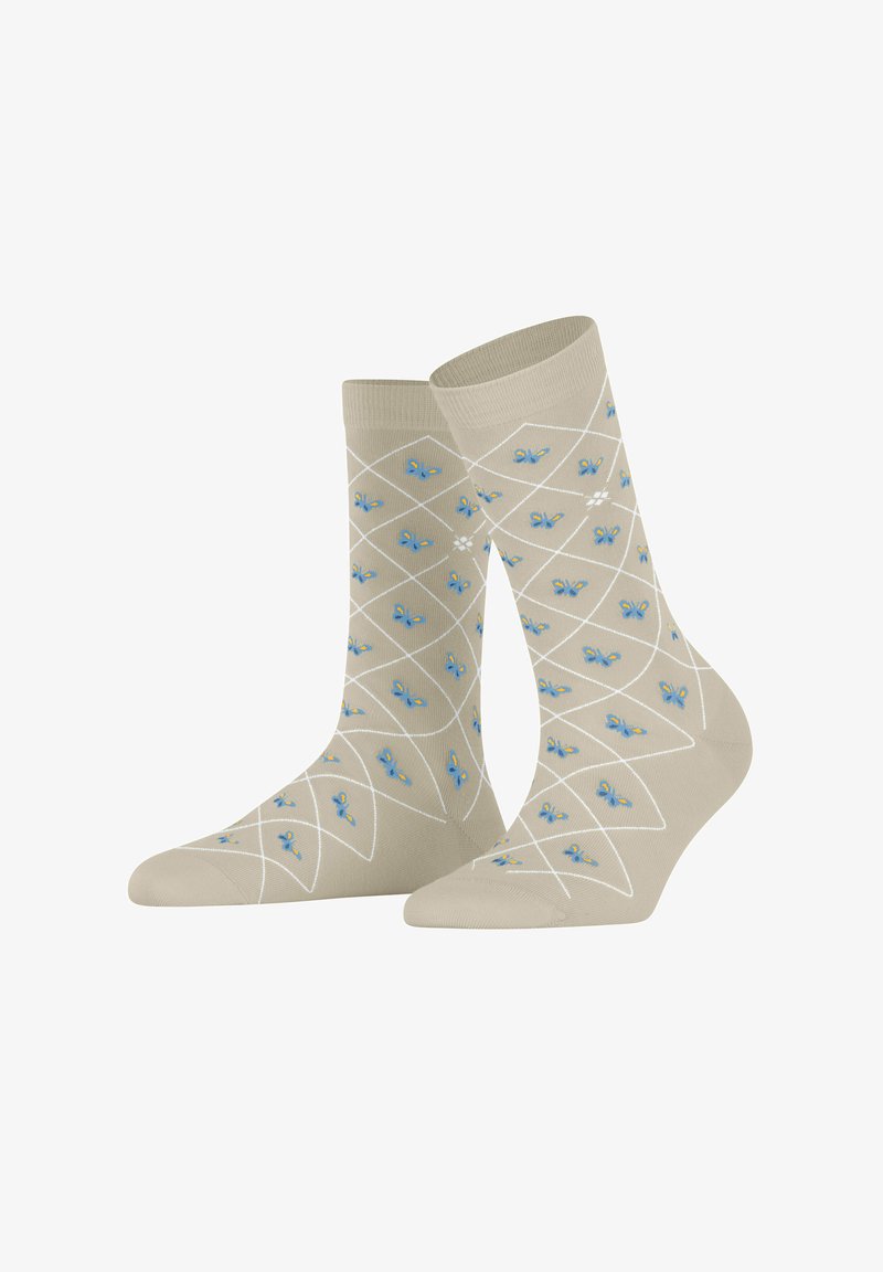 Beige socks featuring an all-over diamond pattern, blue butterfly embroidery, and white geometric accents. Cotton blend fabric with ribbed cuffs.