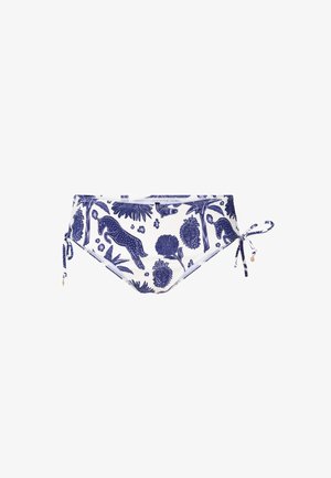 Bikinibroekje met witte stof met donkerblauwe botanische en dierenprints, zijden met kleine decoratieve kralen.