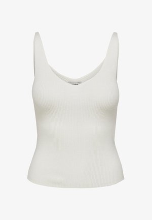 Biała, prążkowana bluzka na ramiączkach z okrągłym dekoltem i szerokimi ramiączkami. Dopasowany krój i gładka faktura, idealna do noszenia w warstwach lub do codziennych stylizacji.