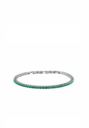 Bracciale da tennis in argento con una serie di pietre preziose verdi rotonde disposte uniformemente lungo la fascia e una chiusura sicura.
