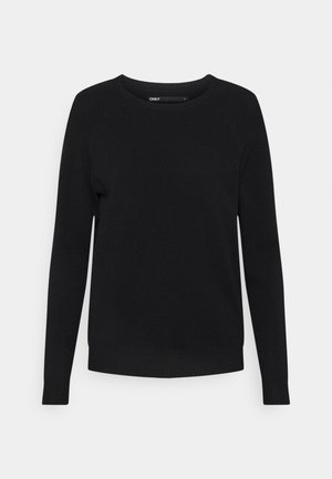 Pull en maille noir à manches longues, col rond et poignets et bas côtelés, présenté sur fond blanc uni.