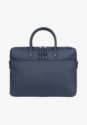 Navy blue textured laptop bag with dual top handles, zipper closure, and sleek design. Features subtle accents and a smooth finish.