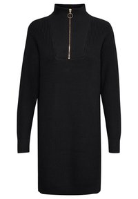 Robe pull noire en tricot avec un col haut, dotée d'une fermeture à demi-zip et de poignets côtelés. Tissu texturé avec une coupe décontractée.