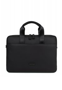 Zwarte laptoptas gemaakt van getextureerde stof, met twee handgrepen en een ritssluiting. Inclusief een label aan de voorkant. Rechthoekig ontwerp.