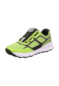 Lekki but do biegania z siateczkową cholewką w neonowej zieleni, czarnymi akcentami i systemem sznurowania BOA; biała podeszwa środkowa i teksturowana czarna podeszwa.