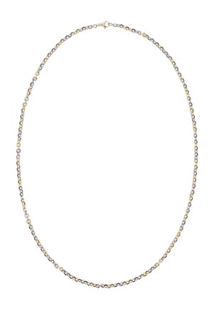 Fém nyaklánc, amely ezüst és arany váltakozó láncszemekből áll, kagylózáras záródással. A dizájn letisztult és kör alakú.