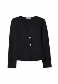 Must mustrinda kardigan v-avaga, millel on kaks kuldset nööpi ja veidi laienev allserva. Pehme tekstuur ja pikad varrukad.