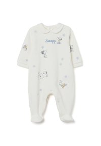 Weißer Fleece-Baby-Overall mit langen Ärmeln, rundem Kragen und Cartoon-Figuren. "Snoopy" in Blau gestickt. Schneeflockenmuster im gesamten Design.