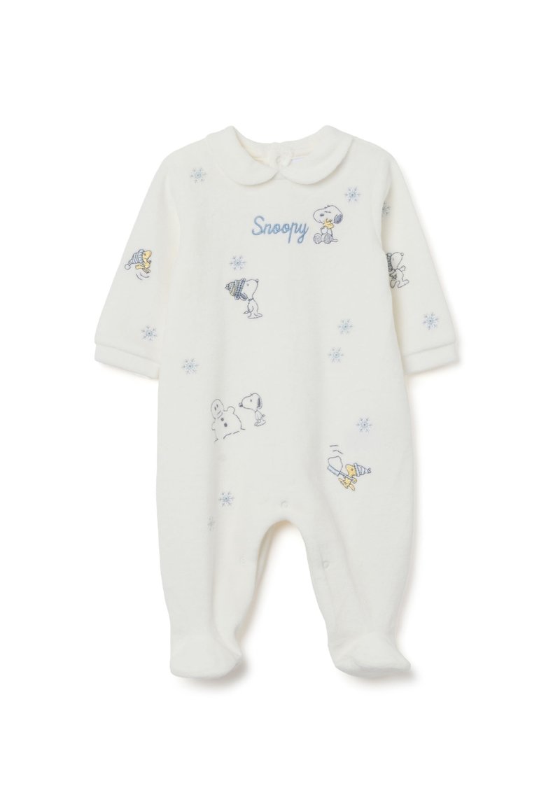 Weißer Fleece-Baby-Overall mit langen Ärmeln, rundem Kragen und Cartoon-Figuren. "Snoopy" in Blau gestickt. Schneeflockenmuster im gesamten Design.