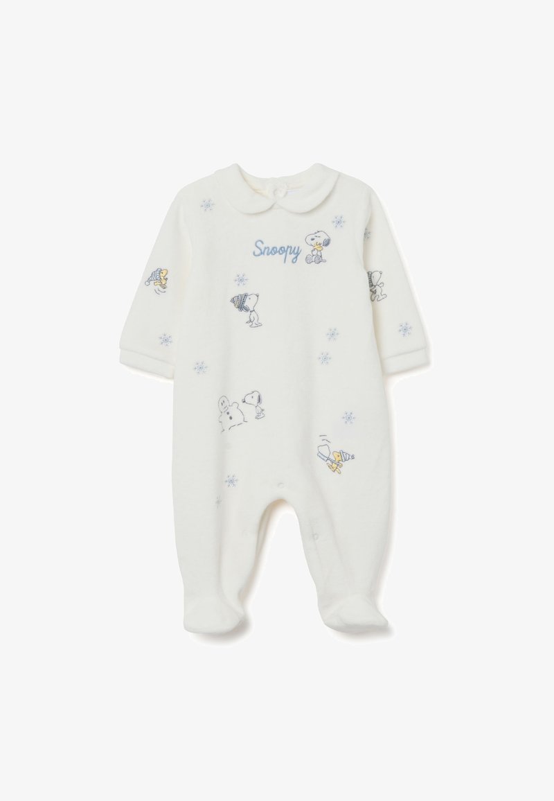 Weißer Fleece-Baby-Overall mit langen Ärmeln, rundem Kragen und Cartoon-Figuren. "Snoopy" in Blau gestickt. Schneeflockenmuster im gesamten Design.