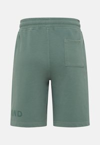 Grüne Baumwollshorts mit einem Taillengummi und einer Gesäßtasche. Merkmale ein einfaches Design und sichtbare Nähdetails. "AND" auf dem Bein gedruckt.