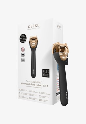 MicroNeedle gezicht roller met een zwarte handgreep en gouden accenten, inclusief accessoires. De doos bevat de productnaam en technische uitgelicht punten.