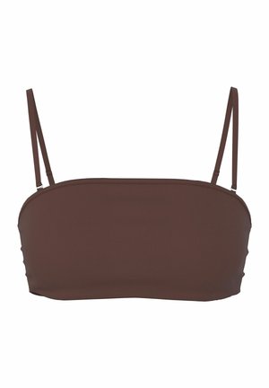 Haut de bikini bandeau marron avec fines bretelles réglables, design sans coutures et texture lisse.