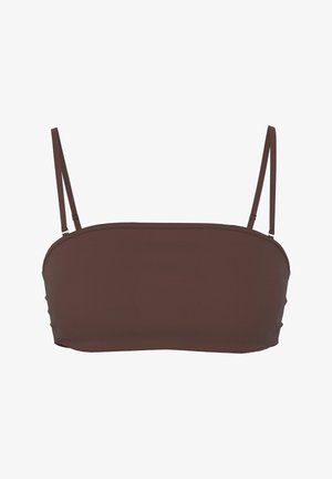 Top de bikini bandeau maro, cu bretele subțiri reglabile, design fără cusături și textură netedă.
