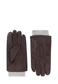 Ein Paar dunkelbraune Lederhandschuhe mit grauen gestrickten Bündchen, die Vorder- und Rückansicht mit gesteppten Details zeigen.