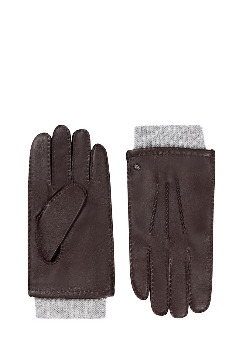 Ein Paar dunkelbraune Lederhandschuhe mit grauen gestrickten Bündchen, die Vorder- und Rückansicht mit gesteppten Details zeigen.