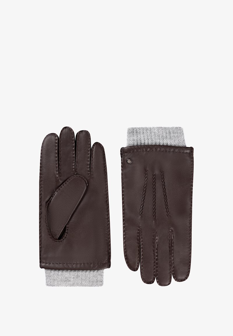 Ein Paar dunkelbraune Lederhandschuhe mit grauen gestrickten Bündchen, die Vorder- und Rückansicht mit gesteppten Details zeigen.
