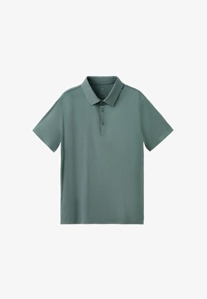 Moška polo majica s kratkimi rokavi v zatemnjeni zeleni barvi, z ovratnikom in dvema gumboma na sprednji strani, prikazana na belem ozadju.