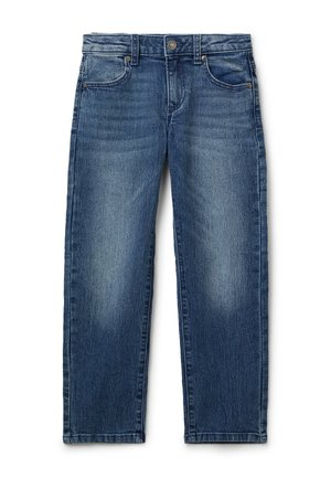 Dunkelblaue Denim-Jeans mit geradem Bein. Verfügt über fünf Taschen, dezente Ausbleichungen und einen Knopfverschluss; klassisch genähte Säume.