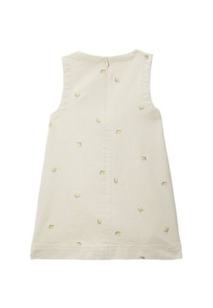 Robe crème sans manches avec petites broderies florales jaunes et bleues, fermeture éclair au dos.