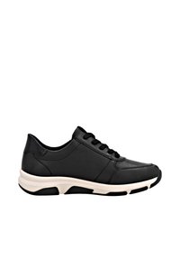 Schwarzer Sneaker mit einem glatten Lederobermaterial, abgerundeter Zehenpartie, sechs Ösen-Schnürung und einer weißen Zwischensohle. Verfügt über strukturierte Akzente an der Ferse.