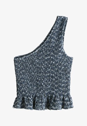 Modro-biely skladaný crop top na jedno rameno s volánovým lemom a textúrovaným vzorom.