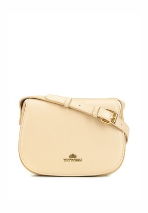 Borsa a tracolla in pelle beige strutturata con tracolla regolabile e fibbia dorata, con piccolo logo dorato al centro davanti.