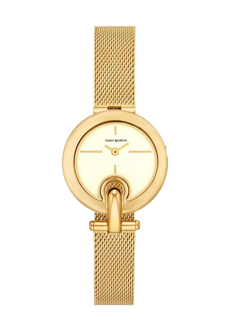 Guldtonet mesh armbåndsur med en rund urskive, lys gul skive, minimale timemarkører og et karakteristisk Tory Burch-logo.