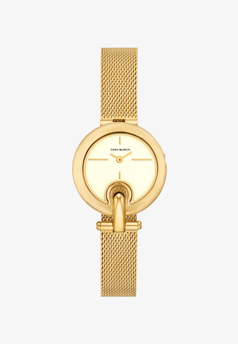 Guldtonet mesh armbåndsur med en rund urskive, lys gul skive, minimale timemarkører og et karakteristisk Tory Burch-logo.