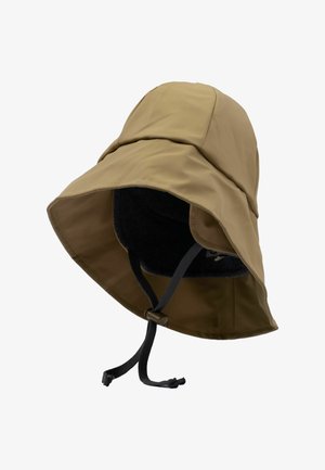 Wasserabweisender beigefarbener Bucket Hat mit breiter Krempe, fleecegefüttertem Innenfutter, verstellbarem Kinnriemen und einer weichen, glatten Oberfläche.