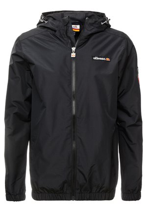 Black lightweight jacket featuring a hood, zip front closure, elastic cuffs, and a subtle logo on the chest. Smooth texture and minimal design.