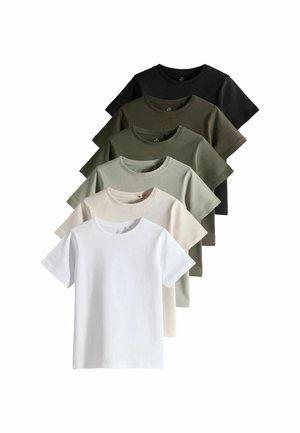 Ensemble de six t-shirts à manches courtes dans différentes couleurs : noir, vert olive, vert clair, beige et blanc. Tissu en coton, design col rond.