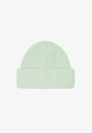 Cappello a maglia verde menta chiaro con texture a coste, dotato di risvolto. Materiale morbido ed elasticizzato progettato per calore e comfort.