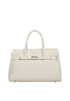 Crèmewitte leren handtas met dubbele handvatten en een sluiting met gouden kleur aan de voorste riem, gestructureerde rechthoekige vorm.