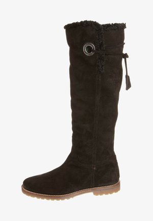 Black suede knee-high boot with a round silver accent, textured fuzzy top, and a flat rubber sole for added grip.