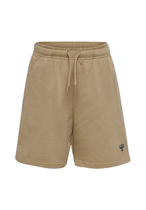 Beige afslappede shorts med elastisk talje og snøre, lille mørkt logo nær kanten, ensfarvet design.