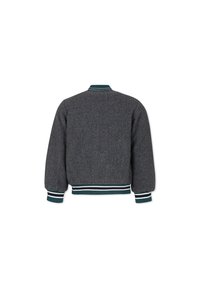 Grijze wollen bomberjack met een geribde kraag, manchetten en zoom in groen en wit. Ontworpen met een ruime pasvorm en een gestructureerde stof.