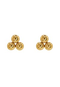 Boucles d'oreilles dorées composées de quatre perles sphériques disposées en motif triangulaire, avec une surface polie et réfléchissante.