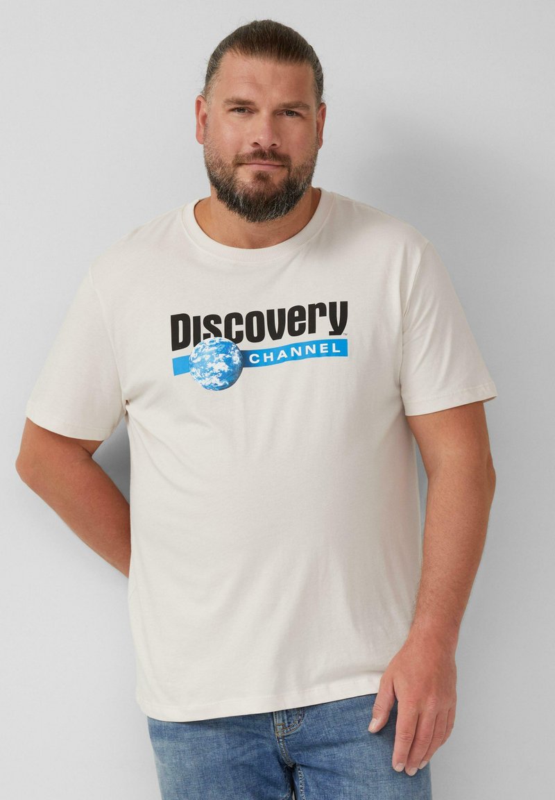 Ecrufarbenes Baumwoll-T-Shirt mit schwarzem und blauem "Discovery Channel"-Logo und Globusgrafik. Kurzärmlig und im Rundhalsdesign.