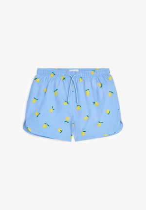 Short de bain bleu clair avec une taille élastique et un cordon, décoré d'un motif répétitif de citrons jaunes avec des feuilles vertes.