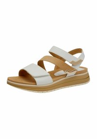 Sandalo bianco e beige realizzato in cuoio sintetico, con due ampie cinghie incrociate, una soletta imbottita e una suola testurizzata e rigata.