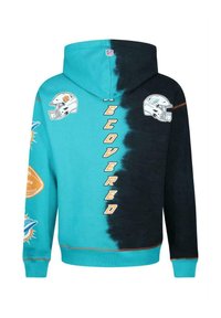 Sweatshirt à capuche avec un design divisé ; turquoise d'un côté, noir de l'autre. Présente les logos de l'équipe et le mot "RÉTABLI" en lettres majuscules.