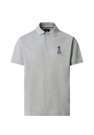 Light gray short-sleeve polo shirt with two-button placket and small embroidered bear wearing striped shirt on left chest.